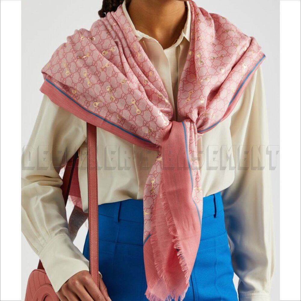 GUCCI pink GG with gold Horsebits print giant 53" - square modal/silk scarf NWT - Picture 5 of 10